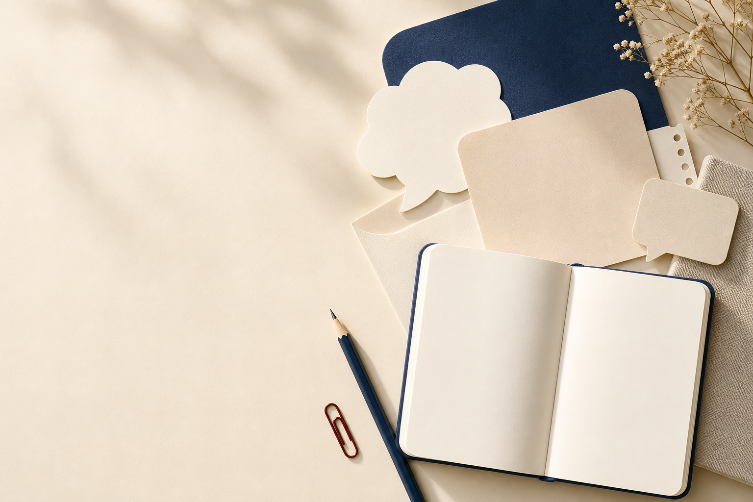 Blank paper cards and an open notebook arranged on a warm desk.