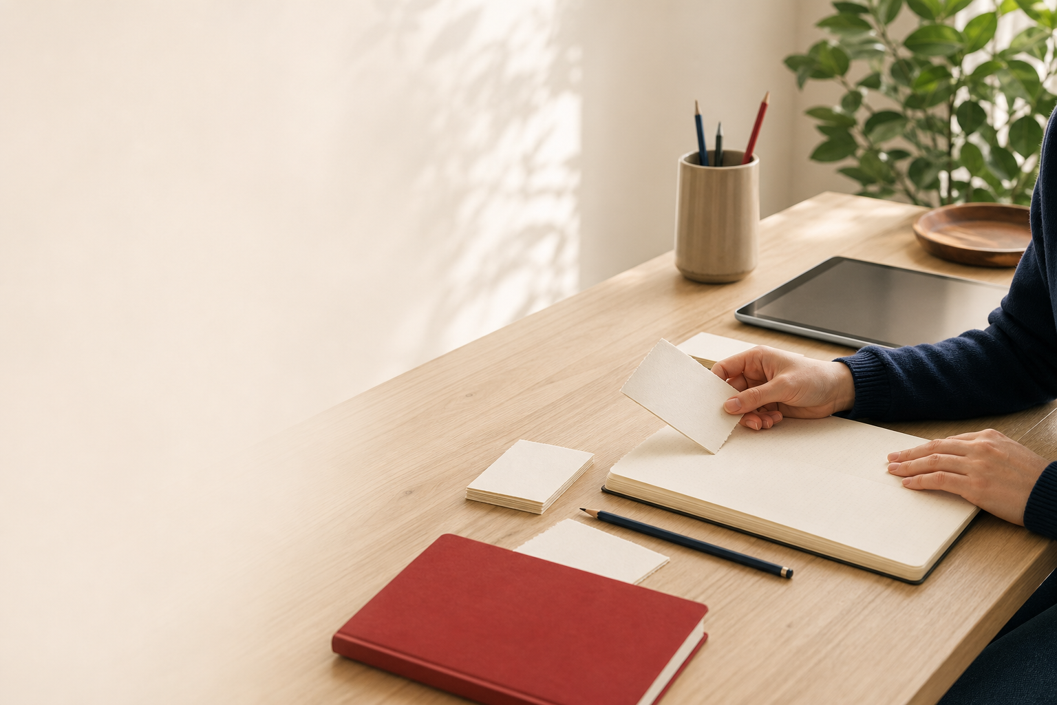 Hands arranging study cards and a notebook on a desk.