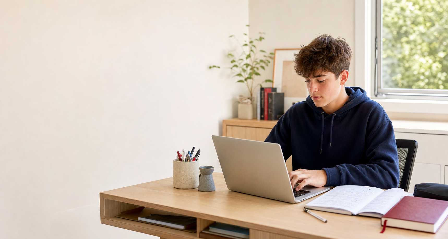 A student studying thoughtfully with a laptop, notebook and learning materials.