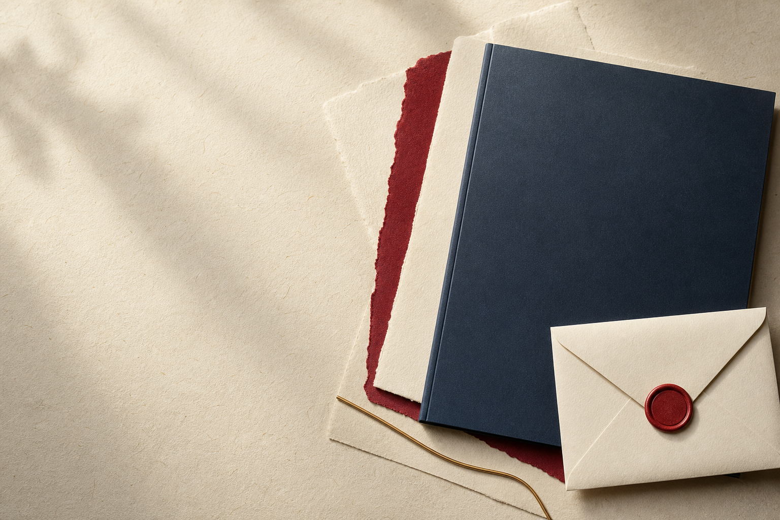 A closed folder and sealed envelope arranged with textured paper.