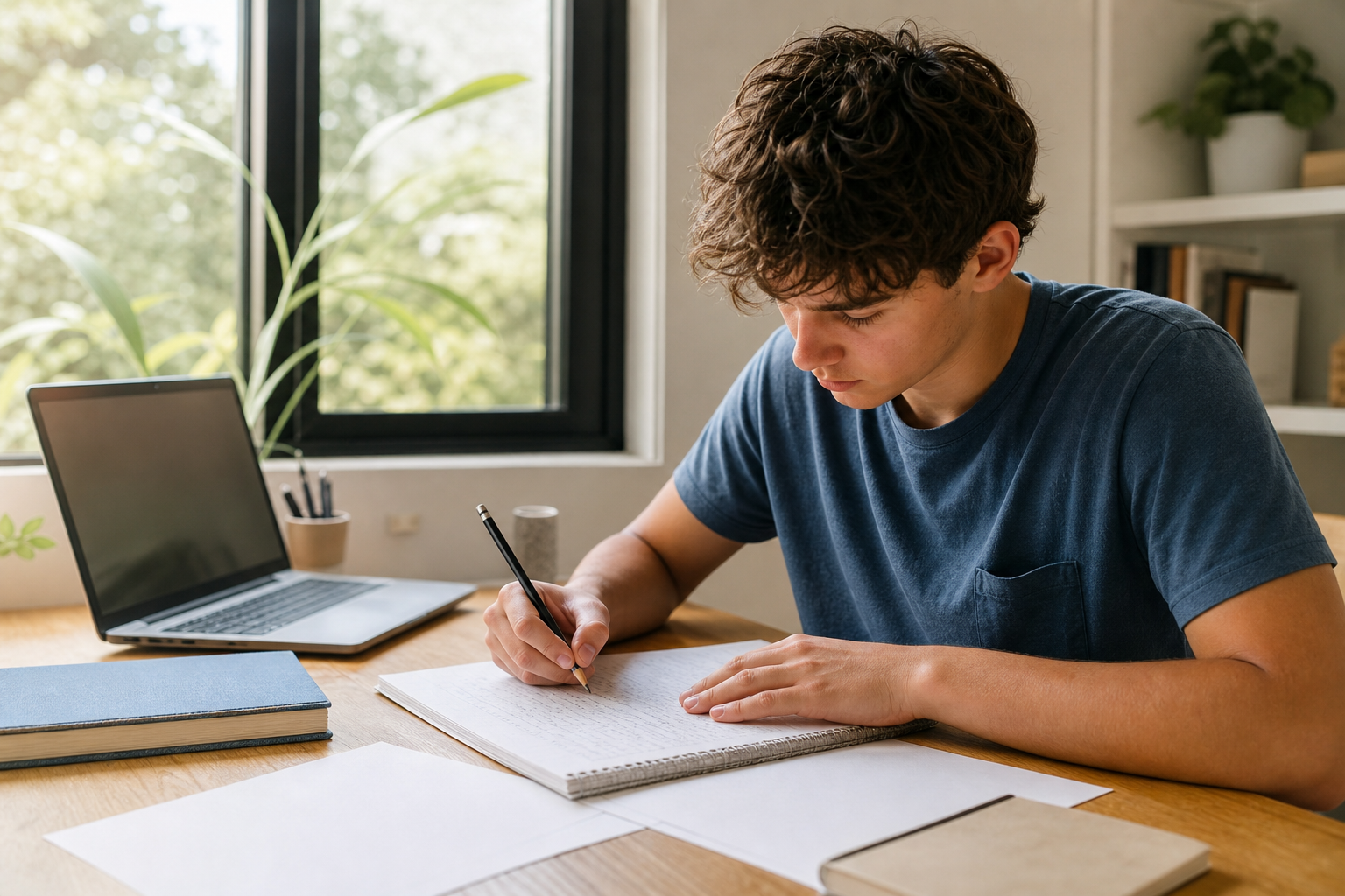 A student planning and revising handwritten work at a tidy desk.